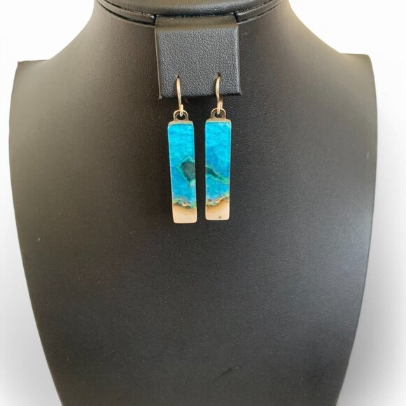 Handcrafted Phoenix Stone Rectangular Drop Earrings Blue Green Silver Hooks - Picture 2 of 14